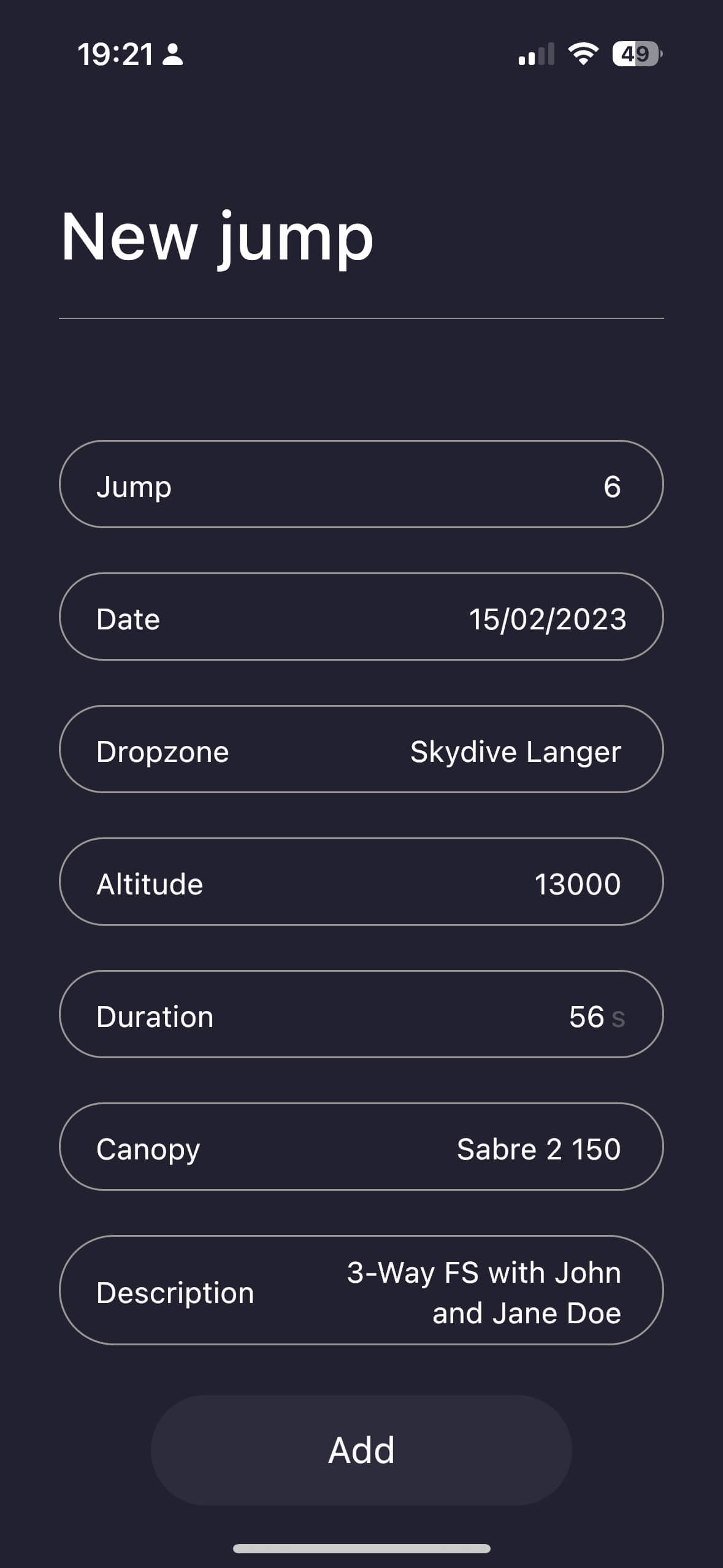 A screenshot of our Logbook app's new jump screen